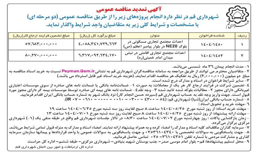 تمدید فراخوان عمومی برای جذب سرمایه‌گذار برای مشارکت در ساخت مجتمع‌های تجاری–مسکونی در بلوار پیامبر اعظم(ص) و مجتمع تجاری–اقامتی در میدان امام خمینی